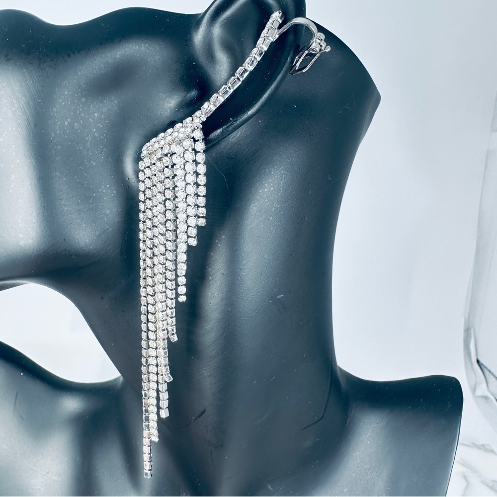 Rhinestone Fringe Ear Climber Earrings Pierced a Clip Chandelier Statement Party